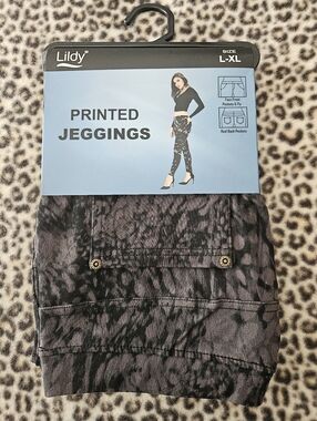 Lildy Printed Denim Jeggings, Size L-XL, Brand New (Black & Gray Abstract Print)